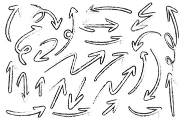 Expressive hand drawn arrow set in sketchy red and black styles, featuring freestyle swirls, bold curves, and dynamic directional brush lines.