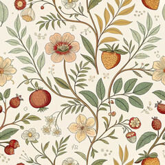 Vintage Botanical Seamless Pattern with Fruits and Flowers


