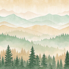 Watercolor Mountain Landscape with Pine Trees and Soft Pastel Colors for Peaceful Nature Decor

