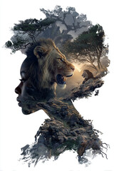 Silhouette of a female head with a lion in savannah on white background. Environmental, ecology and wildlife concept. Double exposure illustration for banner with copy space