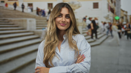 Blonde woman in striped shirt crosses her bare forearms at busy city square; confidence determination.