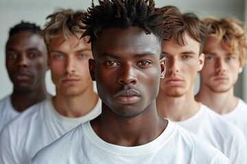 This image showcases a group of five diverse male models standing in a minimalist environment, emphasizing individuality and modern fashion aesthetics.
