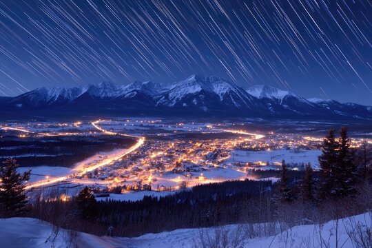 Star trails illuminate mountain village at night - Powered by Adobe