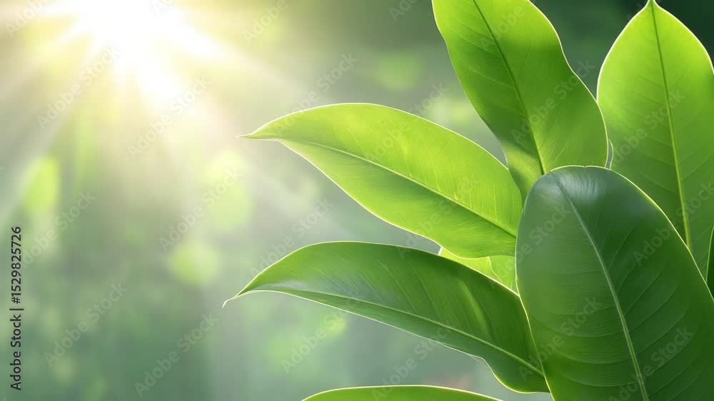 Poster sunlit foliage: a vibrant display of green leaves basks in the warm glow of the sun, the radiant sun