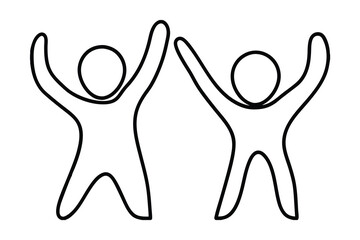 Two happy line drawing people celebrating success teamwork