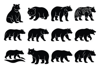 Bear Silhouette Vector Set – Walking, Sitting, and Roaring Bears in Wildlife Collection on white background