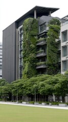Tall residential building in boasts vertical gardens and parkland, enhancing urban sustainability and outdoor play for kids