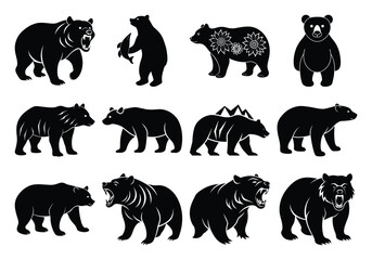 Bear Silhouette Collection – Wildlife Vector Icons Set of Roaring, Standing, and Walking Bears on white background 


