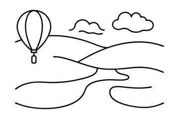 Hot air balloon over rolling hills line drawing illustration