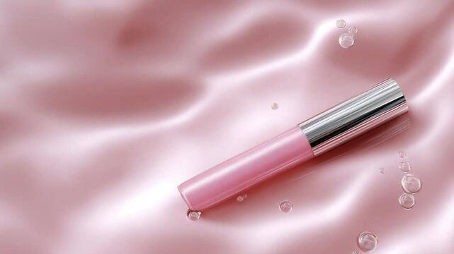 A close-up shot of a sleek, pink glossy lip plumper with a reflective metallic finish, placed on a smooth, wave-patterned surface that mimics liquid ripples. The soft, diffused lig