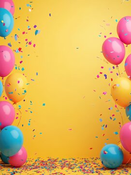 Birthday party empty room concept mockup with a blank space for text and framed by colorful balloons and confetti for adding promotional messages or event invitations, bright yellow wall on backgroun