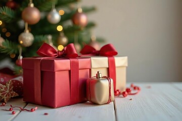 Elegant vintage gift boxes, satin bows, Christmas tree , red, ornament, presents