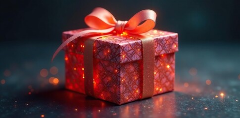 Intricate twine-wrapped box, soft glow emanates , handmade, present