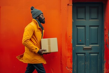 A focused man carries a cardboard box down a vibrant orange wall, exemplifying urban delivery service and the dynamics of modern city life with style and determination.