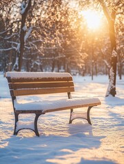 snow-covered bench in a park at golden hour, with the warm light creating a peaceful and reflective scene, inviting quiet contemplation, with ample copy space for text