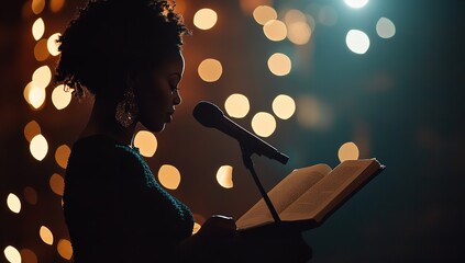 Elegant Black woman reading at podium on dimly lit stage with bokeh lights in background, cinematic moment of spoken word or poetry performance