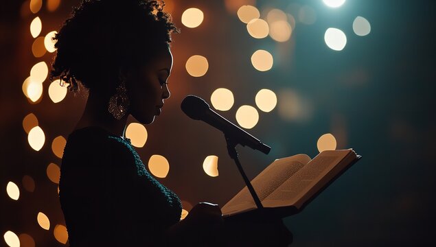 Elegant Black woman reading at podium on dimly lit stage with bokeh lights in background, cinematic moment of spoken word or poetry performance