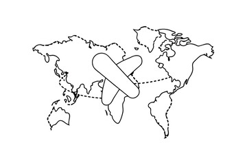 World map line drawing airplane flight route travel journey