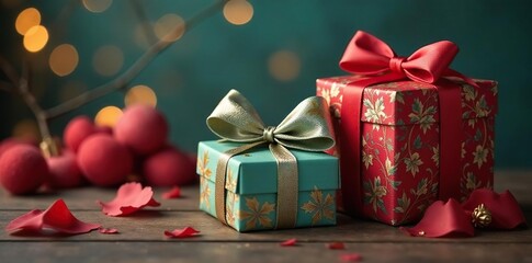 Suspended vintage gift boxes, lush satin bows, ribbon, object, light
