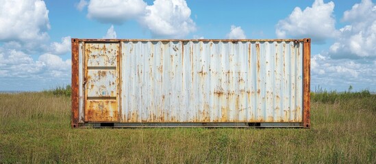 Rusted shipping container on grassy field