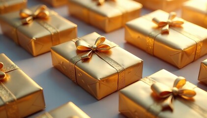 Weightless packages, gold accents, aerial view, fantasy, shimmering