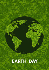 Earth Day awareness poster &ndash; green leaf patterns over a globe silhouette, centered message zone for environmental slogan