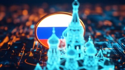 Russia Country Pin 3D Location Glowing in Futuristic Building Landscape - Powered by Adobe