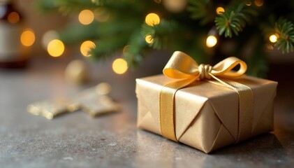 Gold-threaded minimalist gift, under Xmas tree, joy, aesthetic, wrapped