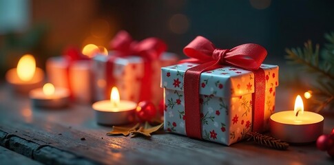 Whimsical gift boxes nestled amongst glowing candles, packaging, dreamy, background