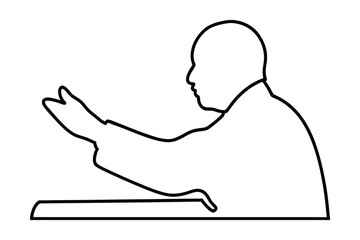 Simple line drawing of person gesturing at desk