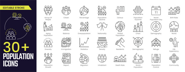 Population Stroke icon collections. Containing Citizen, Group Of People, Balance, Overpopulation, Nationality, Chart, population, Demographic, Population Growth, and Report, Editable stoke, Outline
