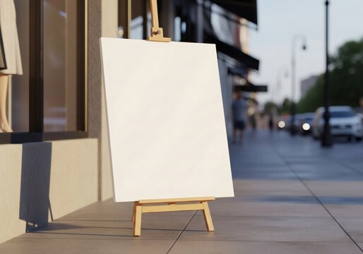 A blank sandwich board stands outside a modern cafe on a sunny street, inviting customers to read upcoming specials or announcements. 