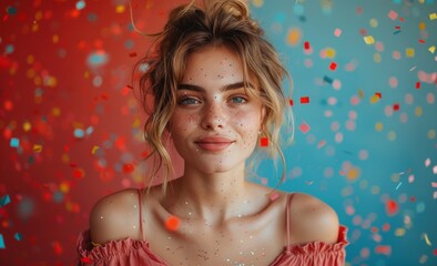 A carefree portrait of a playful young woman surrounded by colorful confetti, capturing the essence of joy, celebration, and the beauty of youth in a vibrant setting.