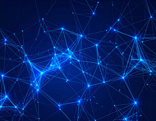 A mesmerizing 4K abstract visualization of a big data plexus. Intricate networks of glowing blue lines and nodes on a dark digital background, representing data complexity and scientific discovery