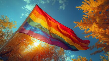 A vibrant rainbow flag billows in the wind against a backdrop of a bright blue sky, symbolizing diversity, freedom, and inclusivity in a dynamic atmosphere.