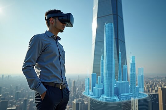 Architect in Virtual Reality: Asian Man Designing Skyscraper Blueprint atop Building