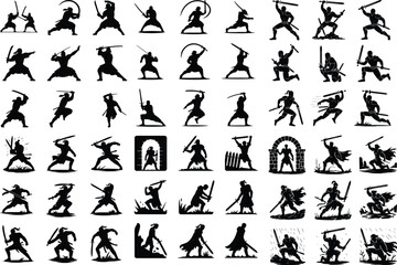 Warrior with Sword Silhouette – Battle Ready Vector Set Heroic Sword Fighter Silhouette – Epic Warrior Pose Collection