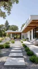 Copper square tiles frame the entrance of a modern structure, highlighted by dark wood and complemented by minimalist decor and greenery