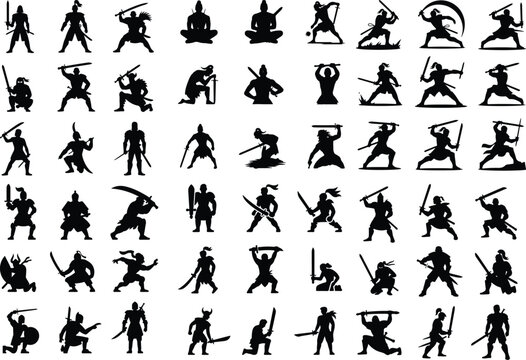 Warrior with Sword Silhouette &ndash; Battle Ready Vector Set Heroic Sword Fighter Silhouette &ndash; Epic Warrior Pose Collection