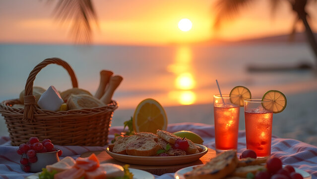 Cozy beach picnic setup with gourmet food, drinks, and sunset views, perfect for intimate gatherings or romantic evenings