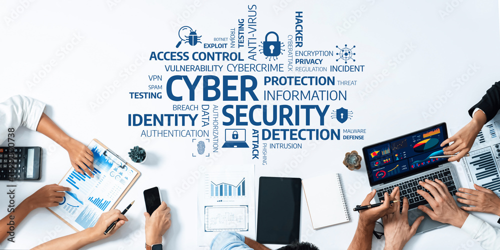 Poster a dynamic workplace scene showcases professionals engaged in cyber security discussions, emphasizing