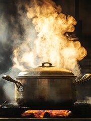 Steam Rising from Traditional Indian Cooking Pressure Cooker on Open Flame, indian kitchen, traditional indian cooking
