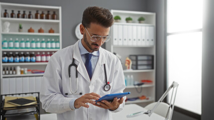 Young hispanic man with stethoscope using tablet in clinical office, surrounded by medical supplies...
