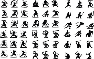 Warrior with Sword Silhouette – Battle Ready Vector Set Heroic Sword Fighter Silhouette – Epic Warrior Pose Collection