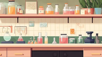A chemistry lab with shelves full of reagents and experimental setups