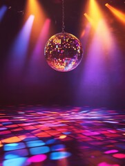 Retro style 70s disco club background with groovy dance floor mirror ball hanging from ceiling and colorful spotlights