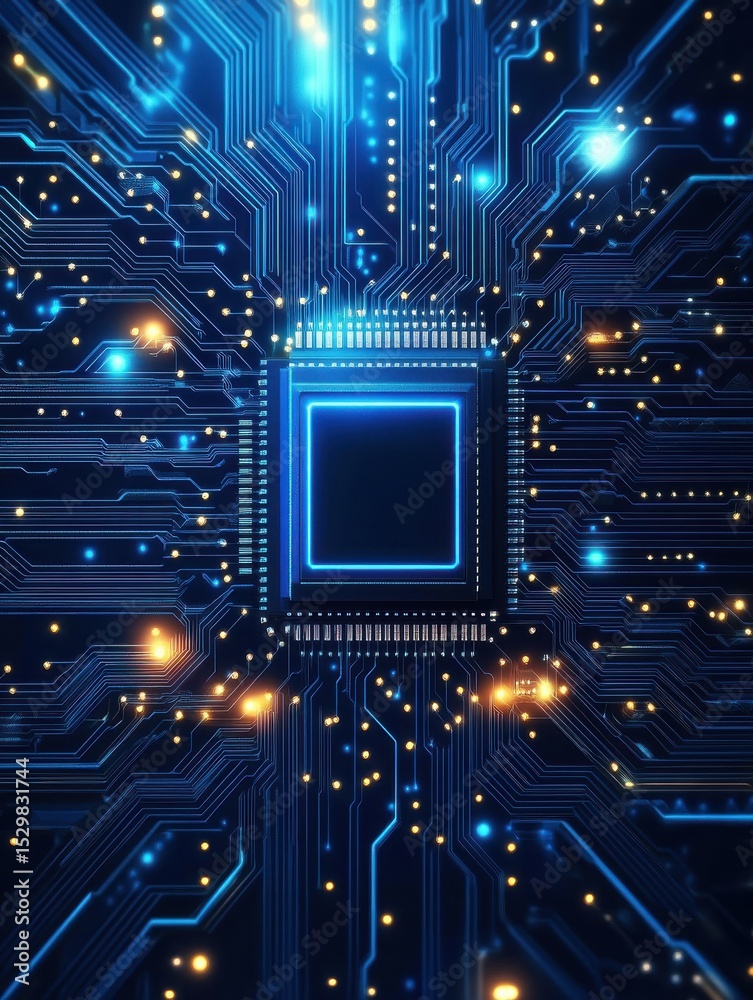 Poster ai chip background on technology blue background. circuit board. ai tech bg. semiconductor or cpu pr