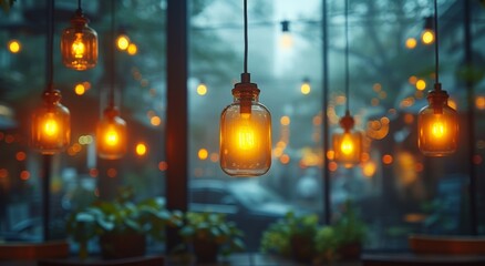 A cozy indoor scene showcases warm hanging lights that create an inviting atmosphere, blending aesthetics and utility to evoke feelings of warmth and comfort.