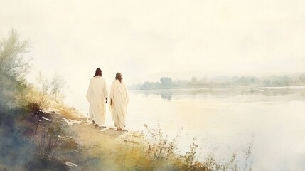 Two figures by a calm river at dawn