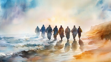 Coastal walk at dawn with silhouetted figures